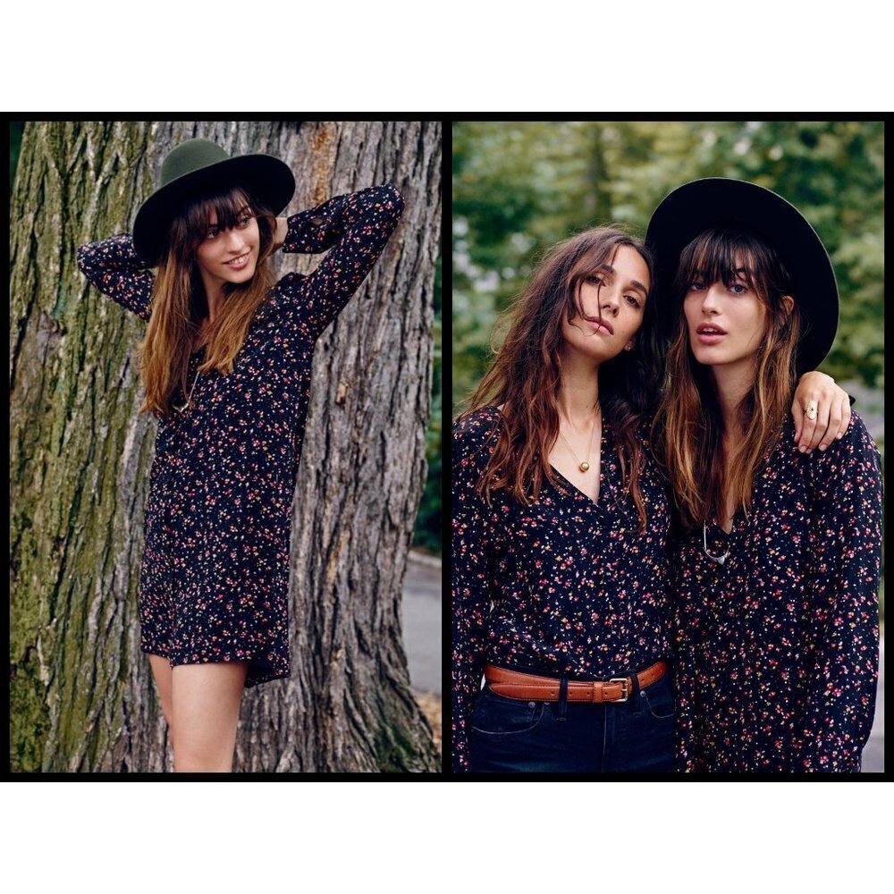 💕MADEWELL ET SEZANE💕 Elly 100% Silk Shirtdress ~ Black Floral Print Large L